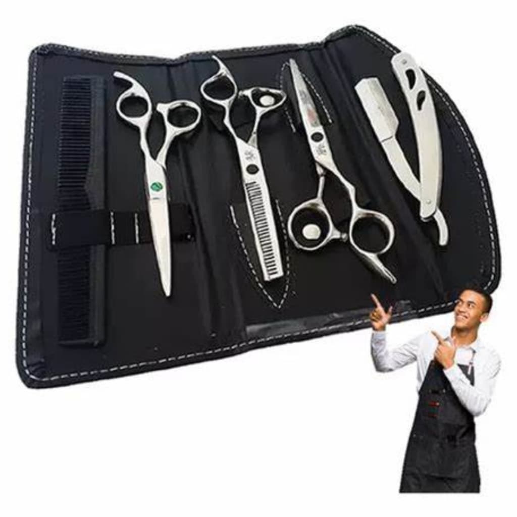 Kit barbeiro Tesouras Profissionais Cabelo Barbeiro Fio Navalha Cor Silver