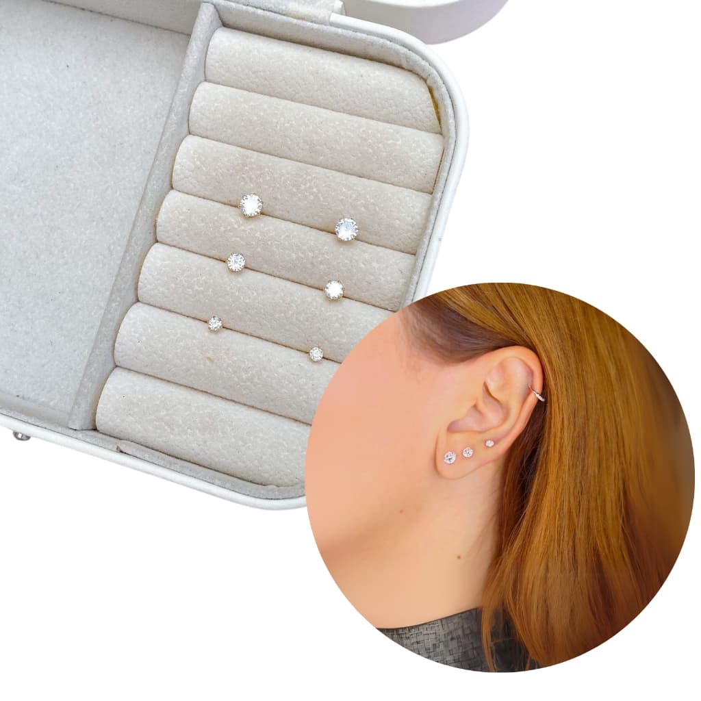 Kit Trio Brincos Ponto de Luz Zircônia 3 Furos Feminino Delicado Banhado em Ouro 18k Anti Alérgico  Acesórios Femininos