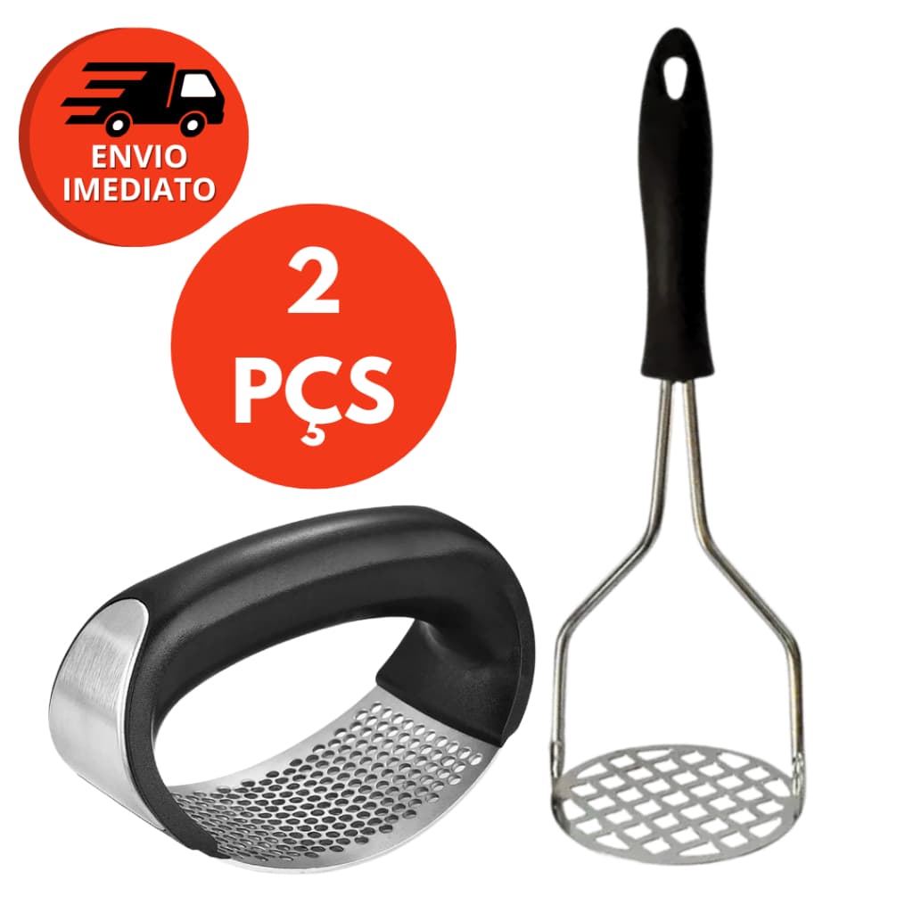 Kit 02 Itens: Amassador Espremedor Triturador Alho E Amassador Batatas Inox Esmagador Manual