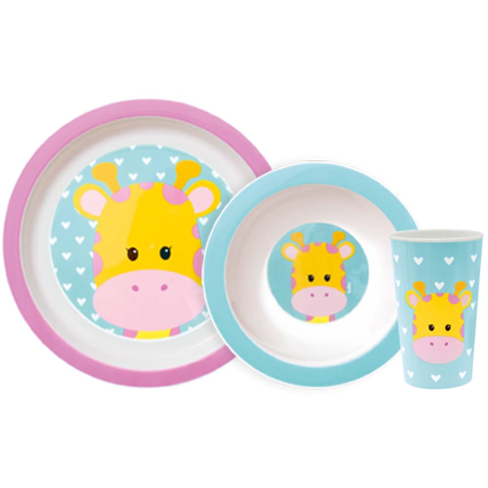Kit Refeição 3 peças Buba Girafa Animal Fun Bebê Prato Raso Bowl Copo Introdução Alimentar