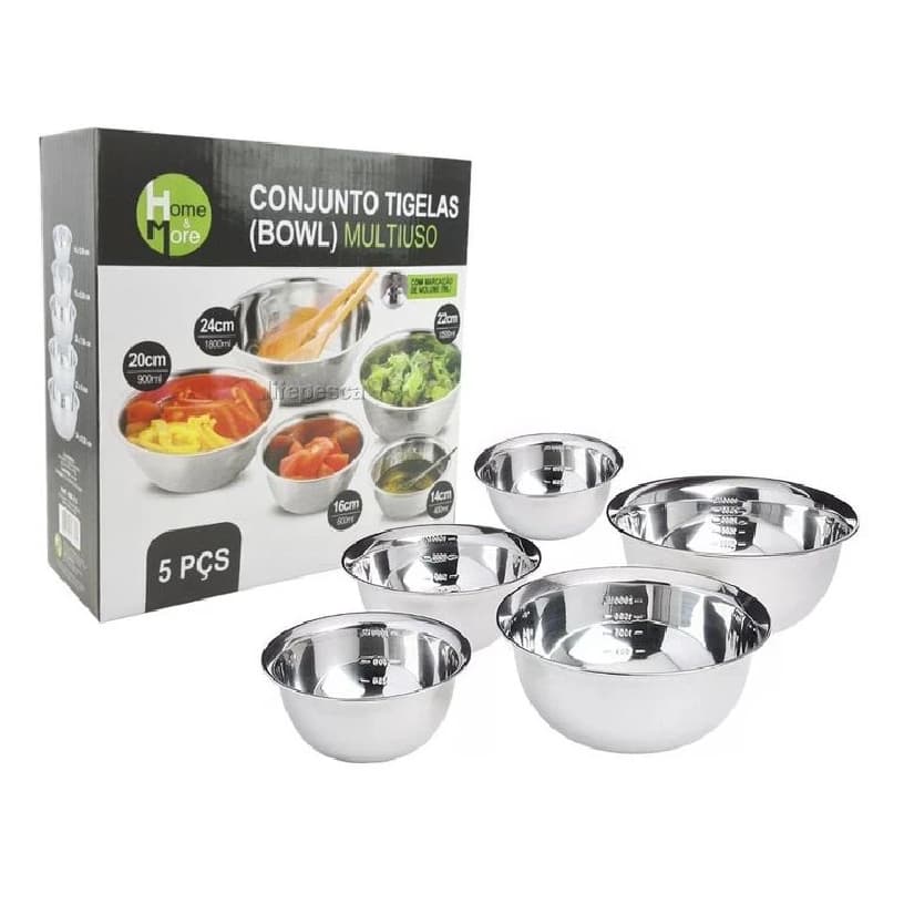 Conjunto 5 Tigelas Aço Inox Saladeira Bowl Bacia Vasilha Multiuso Grande