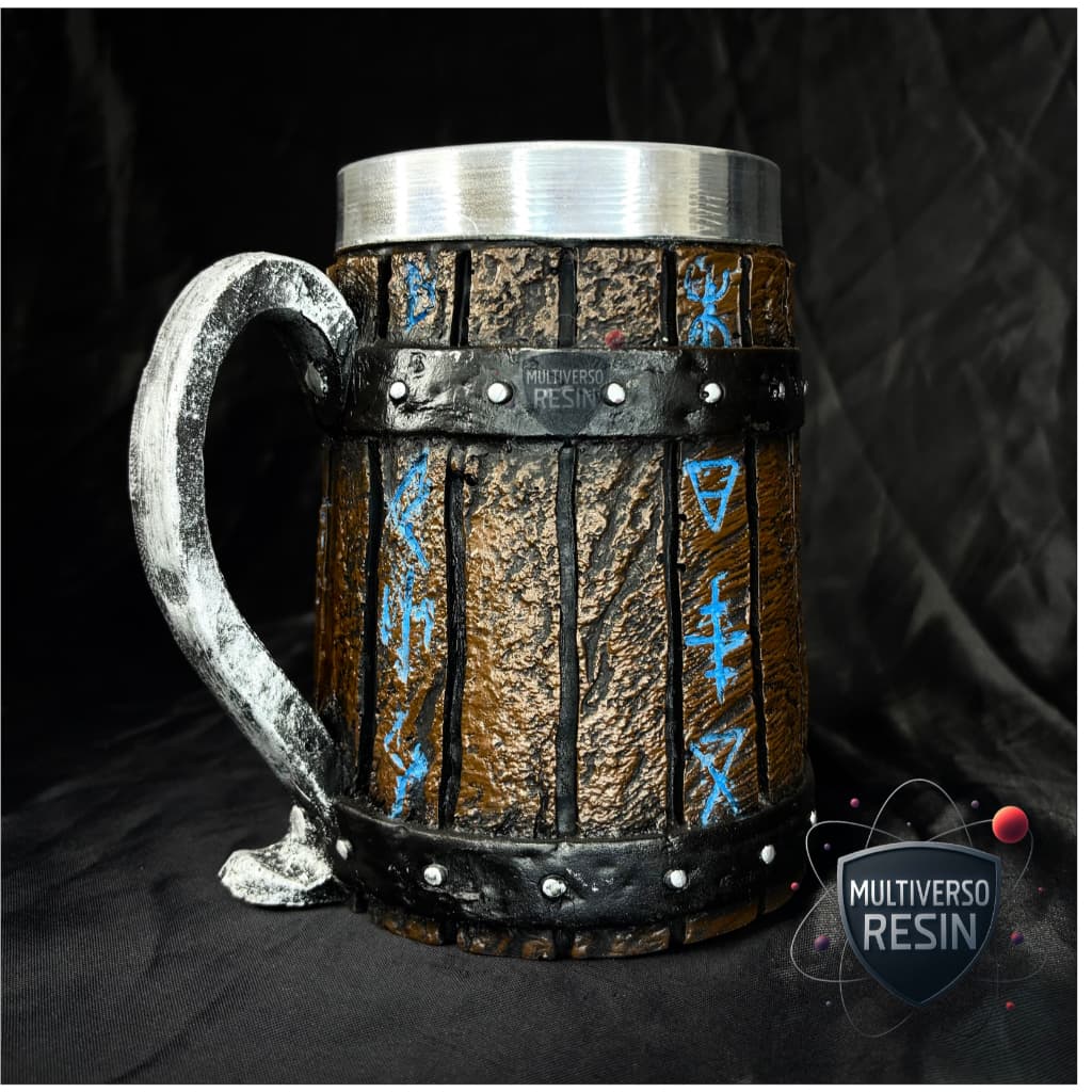 Caneca/Copo Barril Viking Medieval Hidromel Deuses 3D Resina - Detalhe Azul