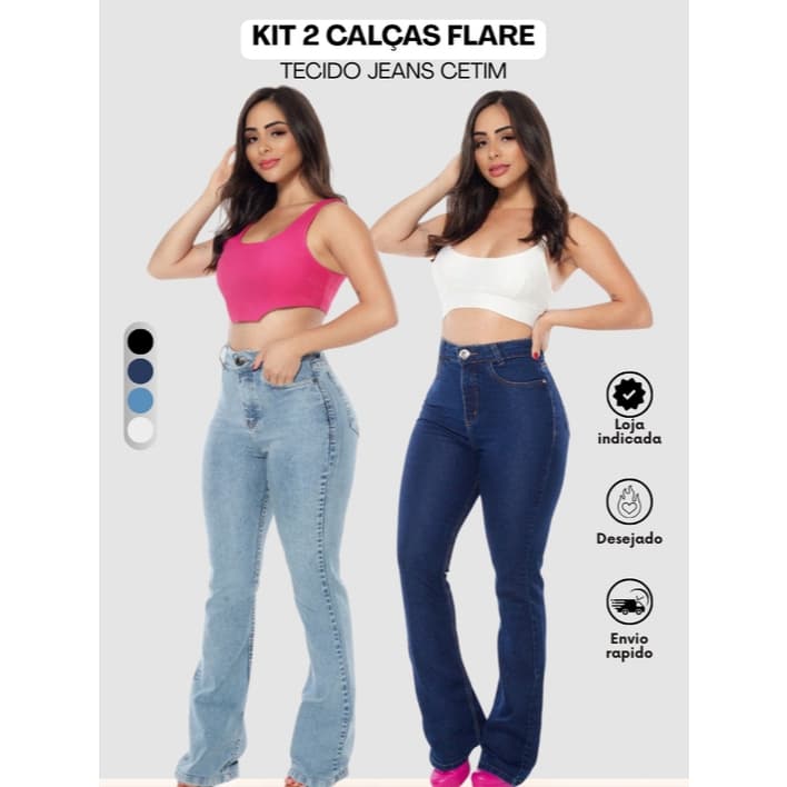 Kit 2 Calça Jeans Flare Feminina Boca de Sino Cintura Alta Com Elastano Levanta Bumbum