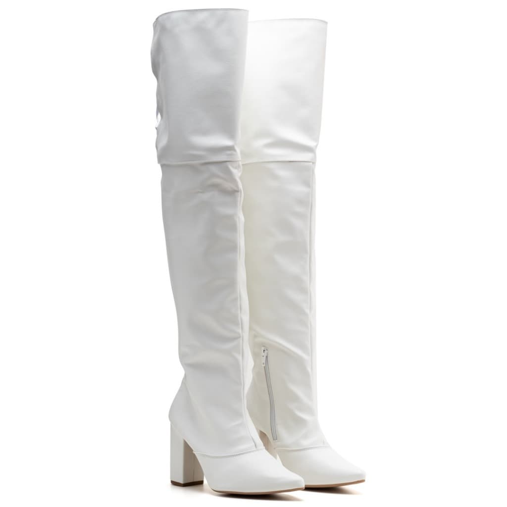 Bota Over The Knee Cano Longo Feminina Lavínia Salto Alto Bico Fino Branca