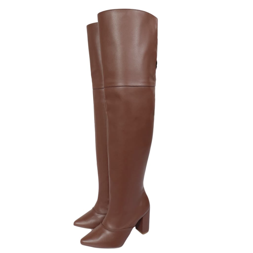 Bota Over The Knee Cano Longo Feminina Lavínia Salto Alto Bico Fino Cacau