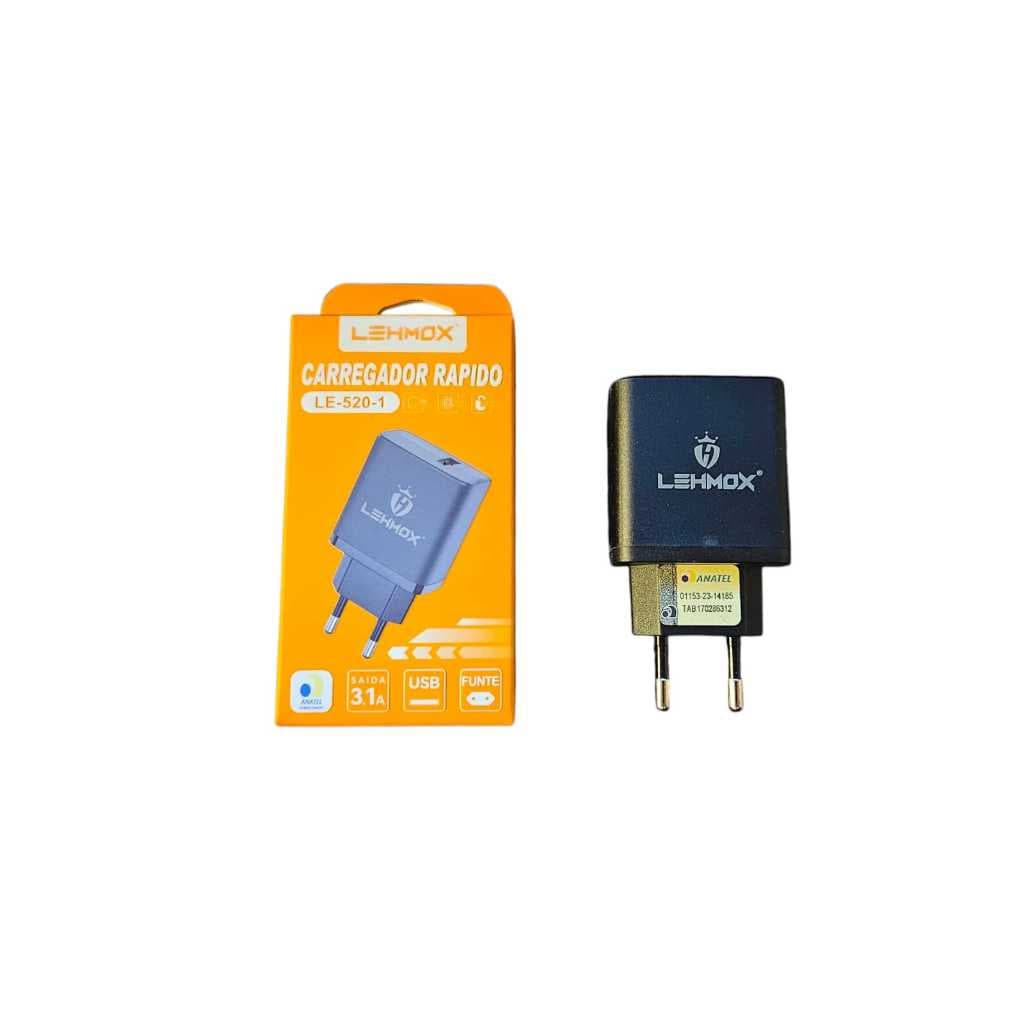 Fonte Carregador Rápido 3.1A Preta Entrada USB LEHMOX LE-520-1