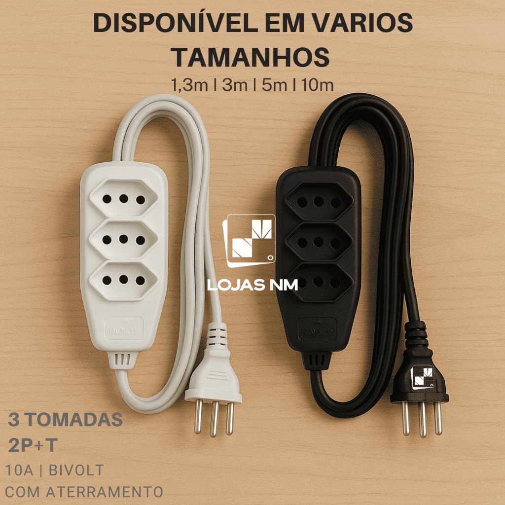 EXTENSÃO ELÉTRICA 10A TODAS MEDIDAS BIVOLT DANEVA TRIPOLAR PRETO OU BRANCO 1,3m / 3m / 5m / 10m Metros