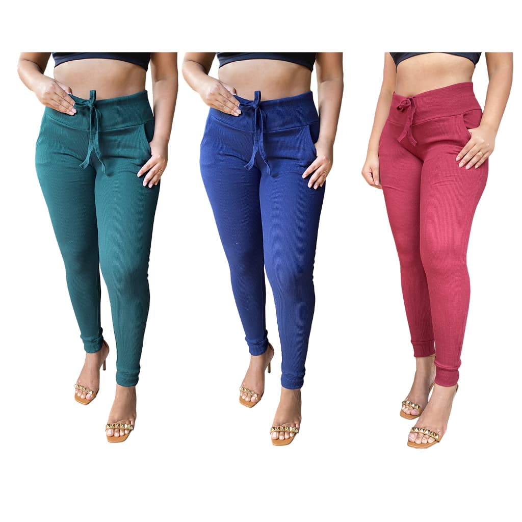 kit 3 calças feminina skinny jogger com elastano cintura alta