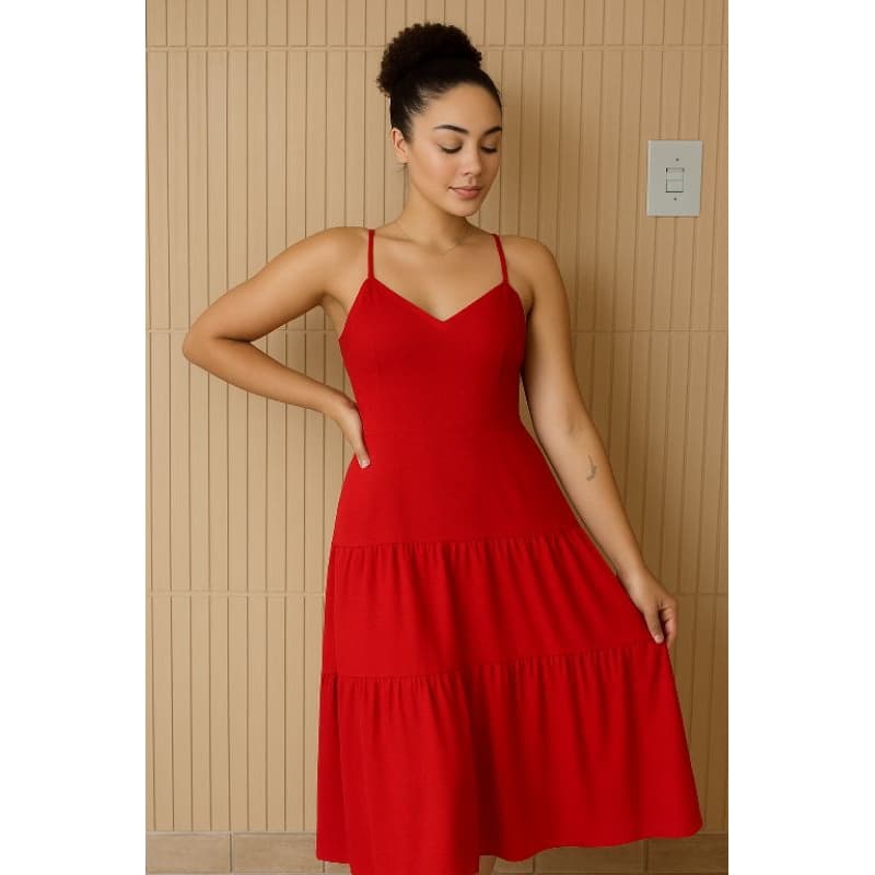 Vestido viscosa  Feminino  em Camadas e Alças Finas Reguláveis viscolaycra