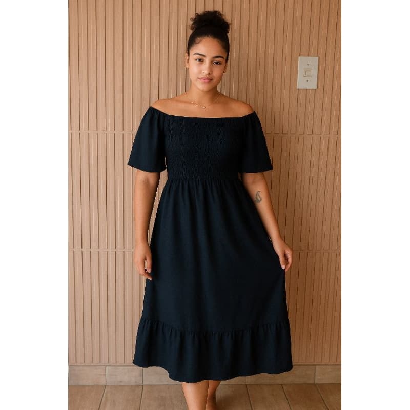 Vestido Longo Ombro a Ombro ciganinha com Manga Bufante e Elástico no Busto