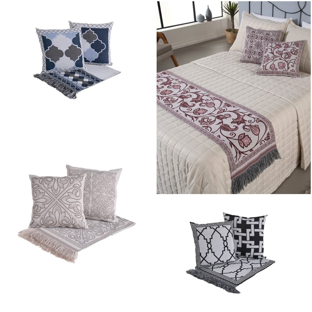 Kit Peseira Cama Casal Padrão e Queen Dupla Face Almofadas Cheias Grécia Jacquard 5 Peças