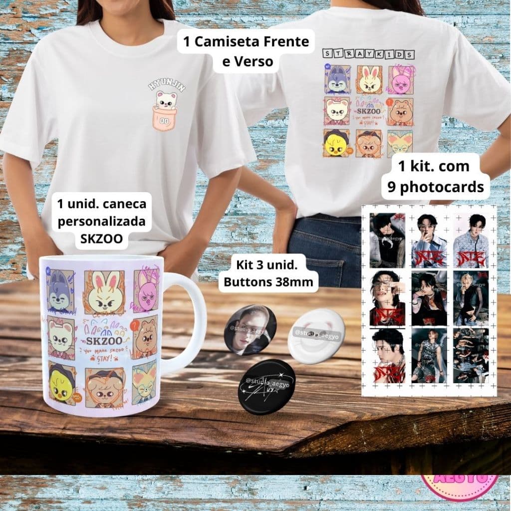 KIT SKZOO Hyunjin Camiseta Frente e Verso + Caneca Personalizada Hyunjin + Kit Photocards Stray Kids + Kit 3 Buttons
