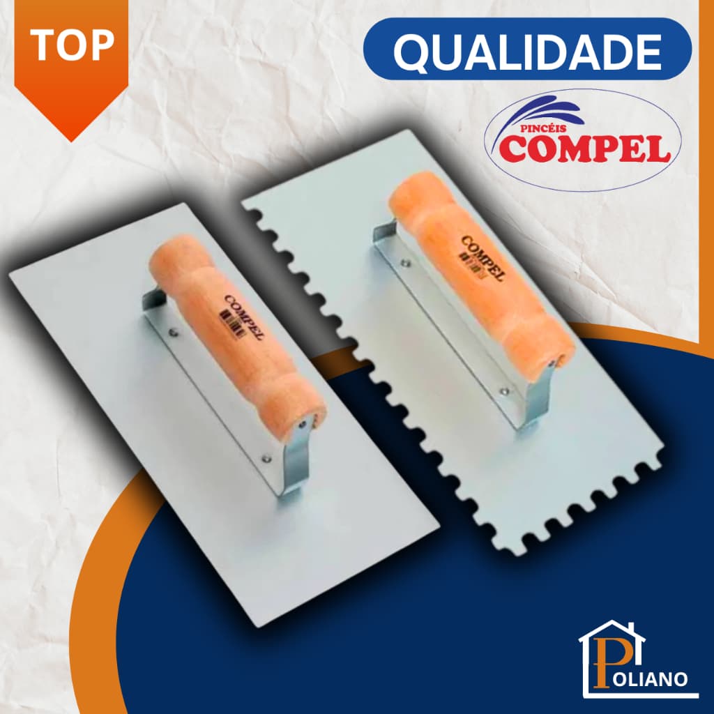 Desempenadeira Lisa de Aço ou Dentada de Aço Para Massa Corrida e Piso 12x26 Compel