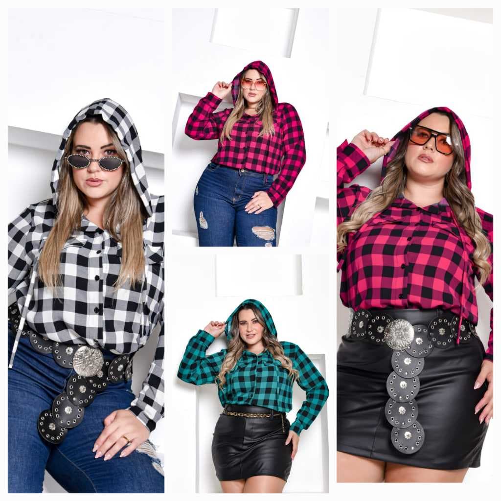 Camisa Feminina Xadrez Plus Size com Capuz Boiadeira Festa Junina