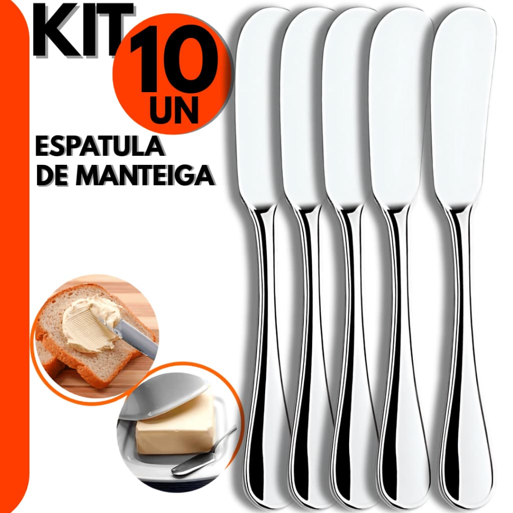 Kit 10 Pçs Espátula de Manteiga Inox Faca de Manteiga p/ Toque Premium Hotel Casa e Restaurante