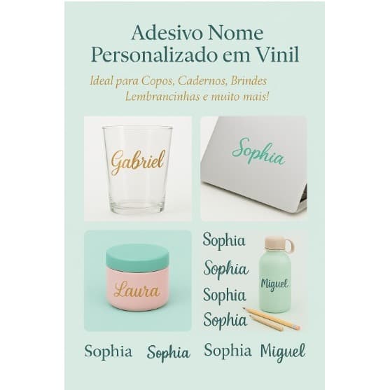 Adesivo Nome Personalizado em Vinil • Várias Fontes e Cores •  Para Copos, Cadernos Baloes e Brindes