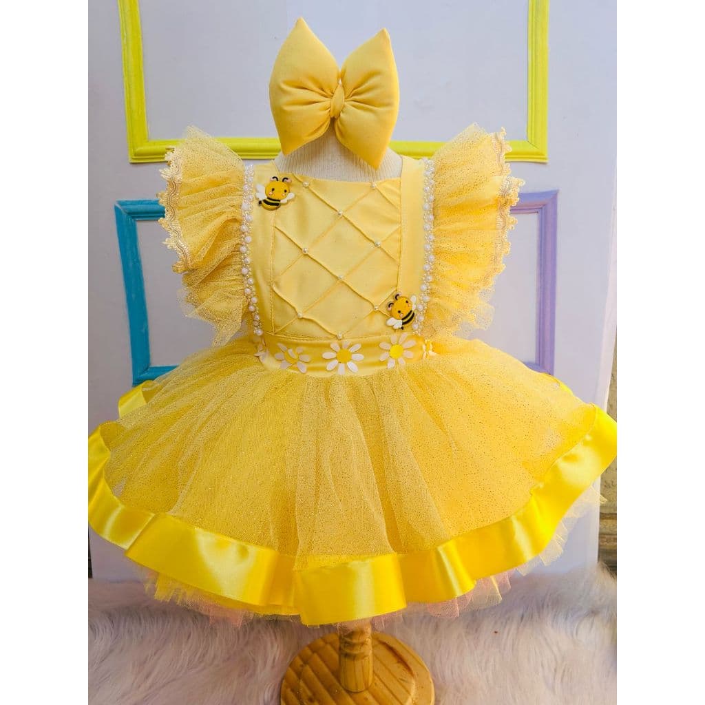 vestido menina abelhinha romper de mesverssario abelha amarela