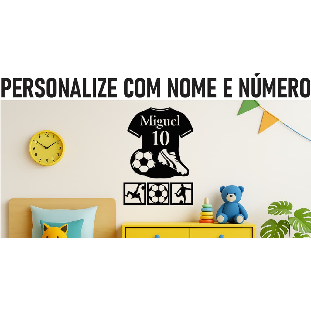 Kit 4 QuadroS Decorativos Camiseta de Futebol com Nome Personalizado em MDF 3mm Dia das Crianças Menino