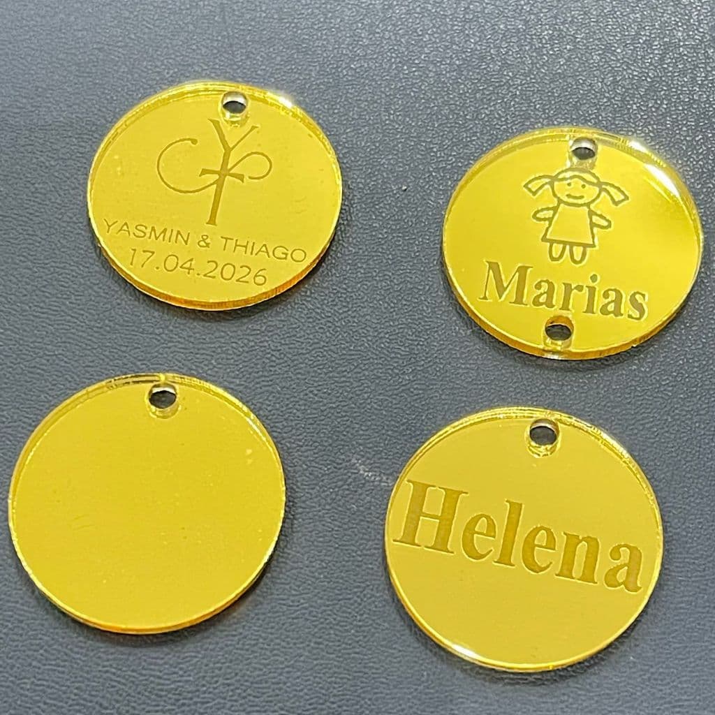 Tag Acrílica Espelhada Personalizada Nome Redondo 2cm Etiquetas Decorativas Aplique