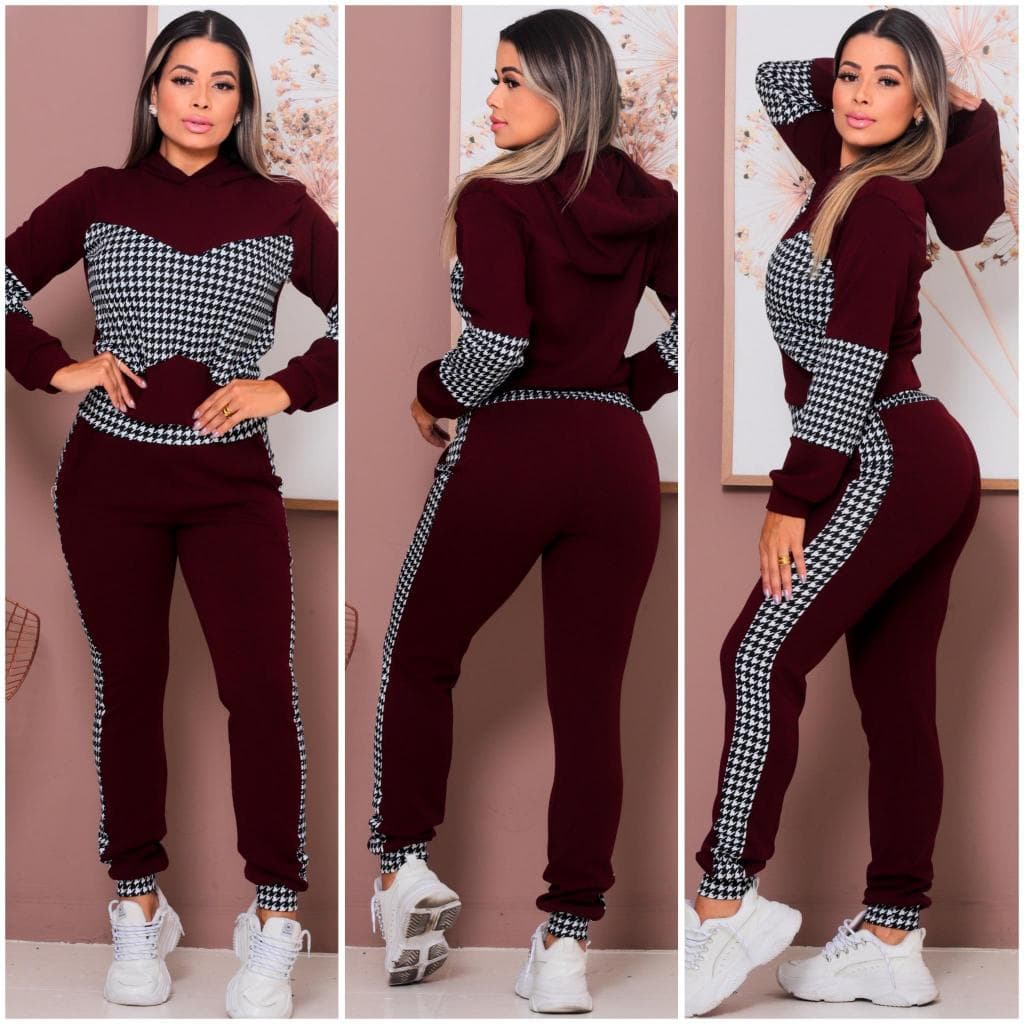 Conjunto Feminino em Crepe com Capuz Estilo Moderno com Estampa Pied de Poule
