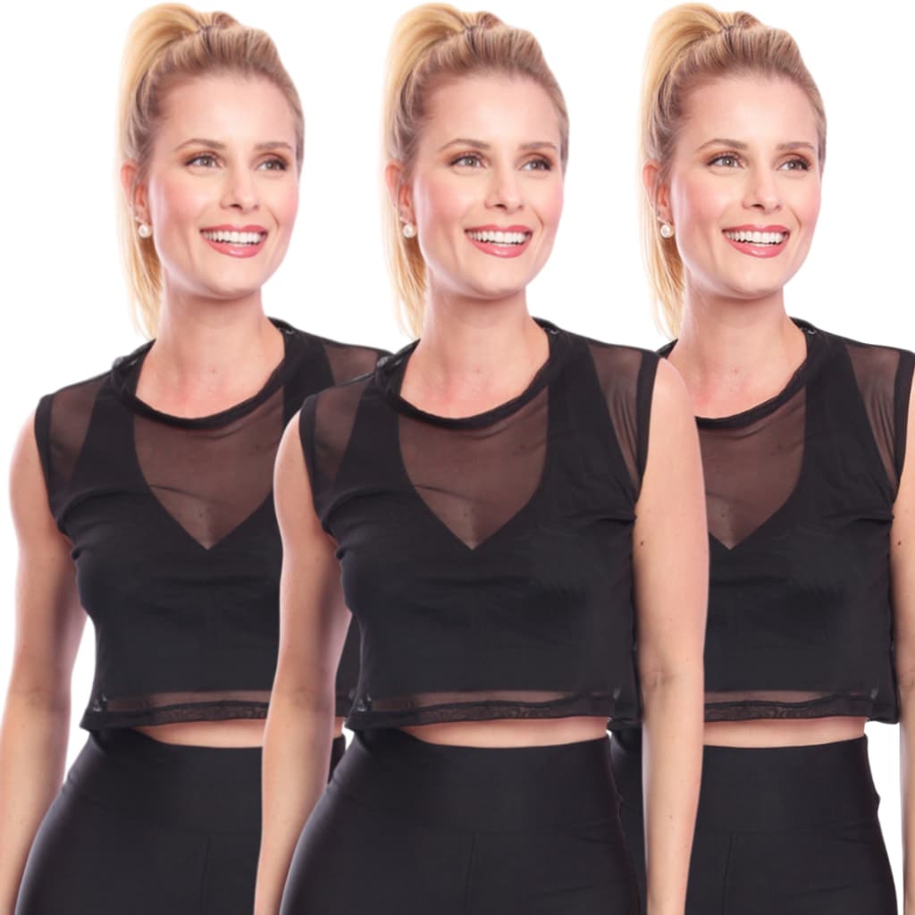Kit 3 Cropped De Tule Transparente Sem Manga Regata Feminina Casual Treino Academia Malhar