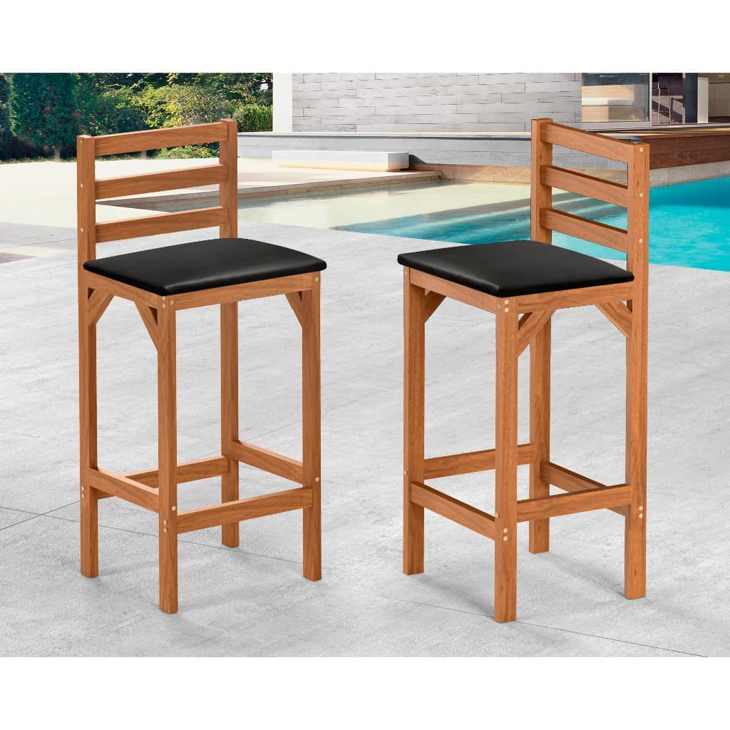 Kit 2 Banqueta Madeira com Assento Estofado Preto Confortável com Encosto Ideal Cozinha Balcão Bar