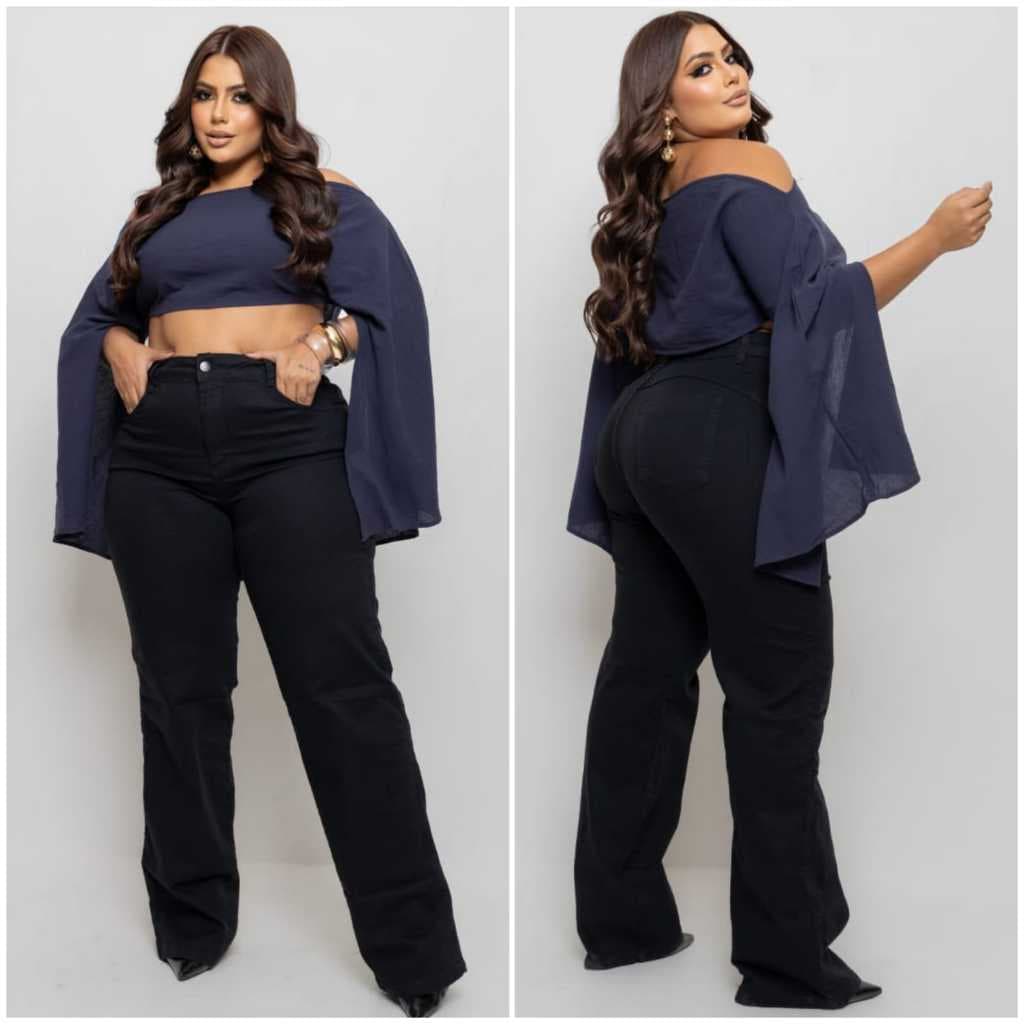 Calça Jeans Wide Leg Cintura Alta  Plus Size