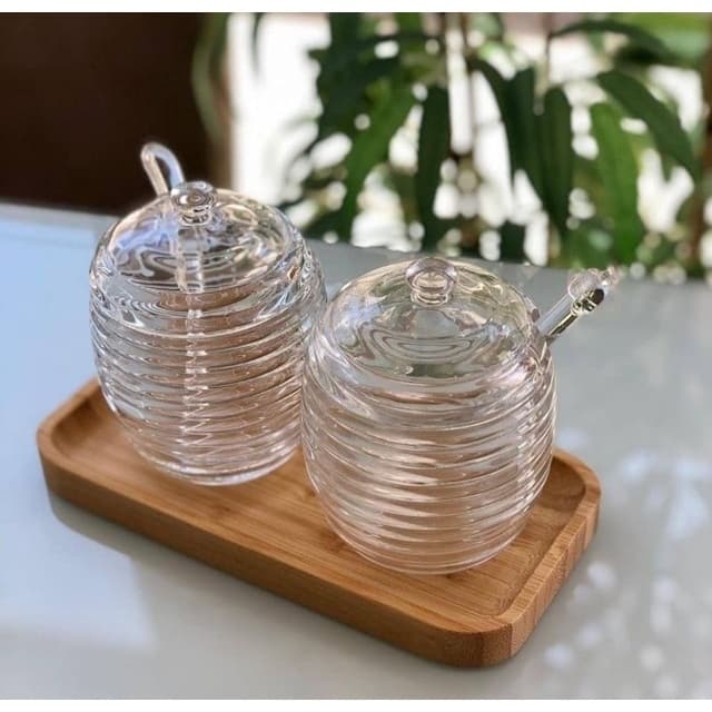 Açucareiro ou meleira de Cristal com Colher e Tampa Colméia 210ml - Lyor