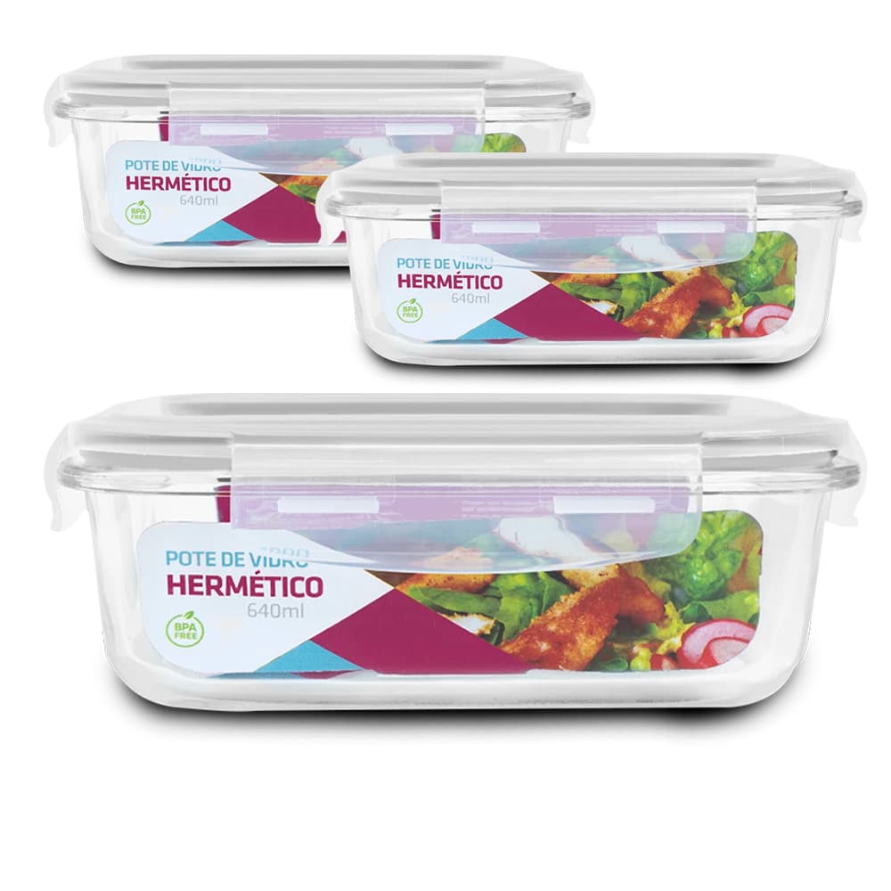 Potes Vidro Com Tampa Hermética 640ml Para Marmita Fitness 3 Potes