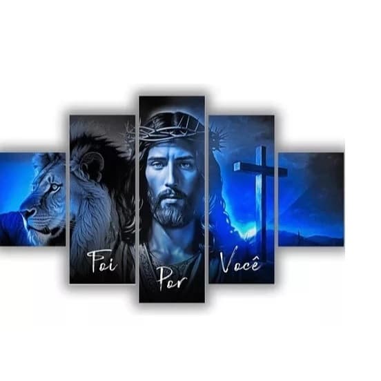 Kit 5 Quadros Decorativos Leão De Judá Frase Foi Por Você Azul Mosaico Sala Quarto Escritório60x110