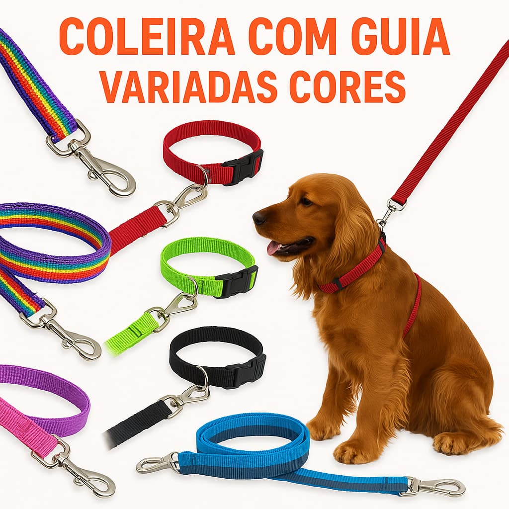 Coleira com Guia para Cachorro - P M G Regulável e Resistente