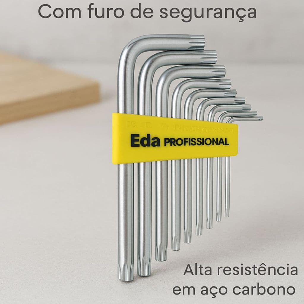 Jogo Kit Chave Torx Torque Vanádio Tipo L furo guia 7 peças Prateado/Amarelo Tipo L Longas EDA 8QG .
