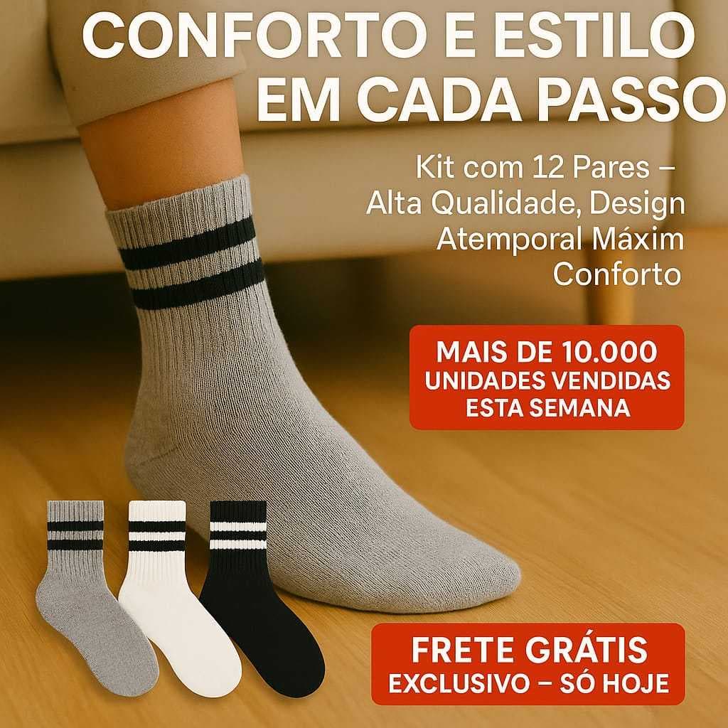 Kit 2 até 12 Meias Cano Alto de ALTA QUALIDADE–Preto, Bege e Cinza -Frete Grátis+Qualidade Premium