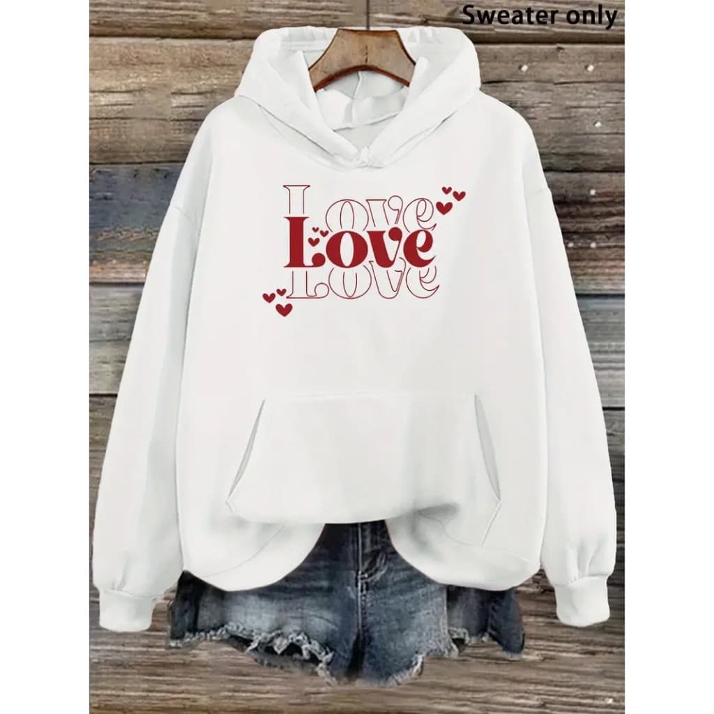 Moletom Unisex com capuz estampado "I Love Love" rosa e detalhes de coração - Moletom casual de manga comprida com bolso