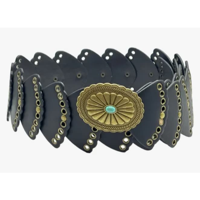 Cinto Femino Estilo Boêmio Fivela Oval Concho Dourada Com Pedra Turquesa SHR