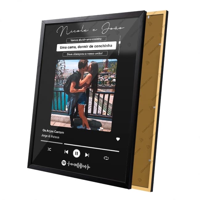 Quadro Casal Personalizado Com Código Spotify Letra da Música Fundo Preto Moldura e Vidro