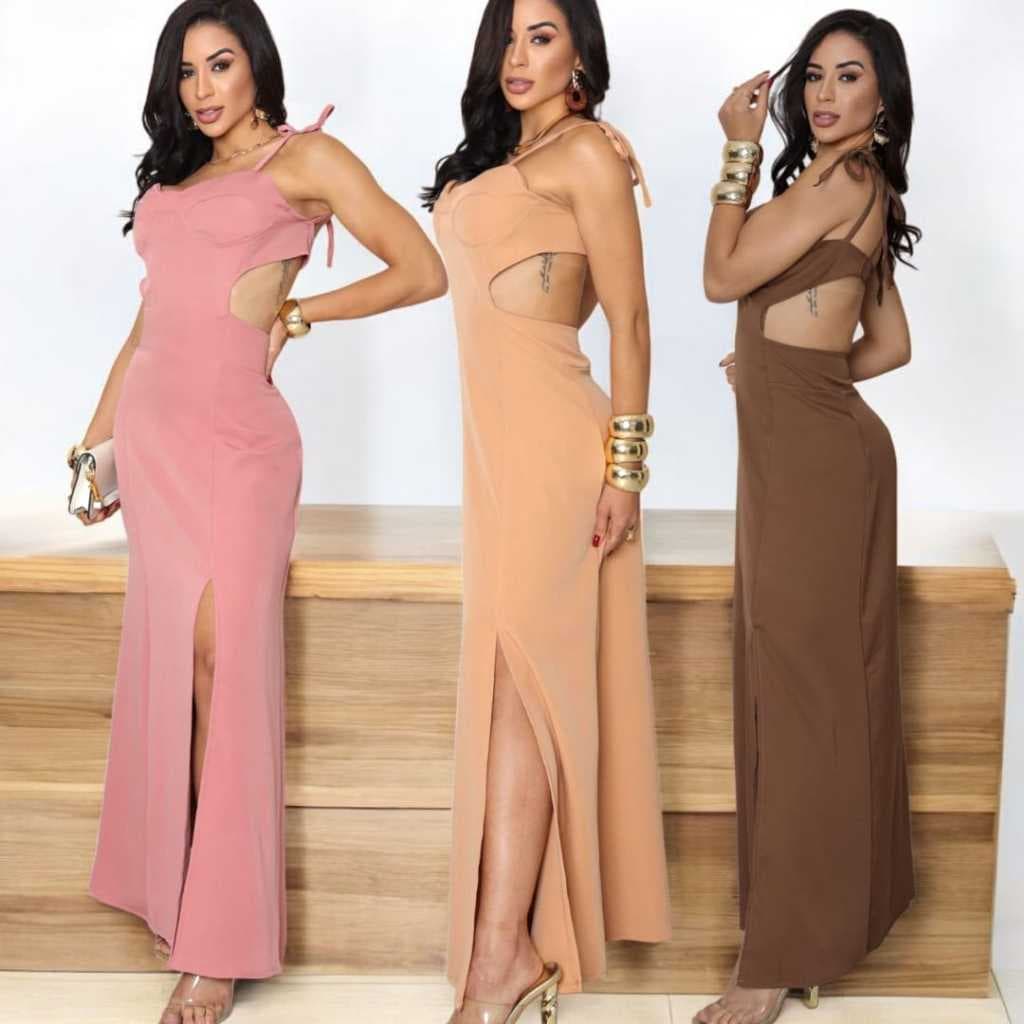 vestido feminino longo alfaiataria com alça de amarrar , bojo , zíper invisível nas costas M G