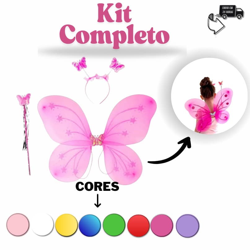 Kit Fantasia Infantil de Fada com Asa de Borboleta, Tiara e Varinha Encantada imperdivel