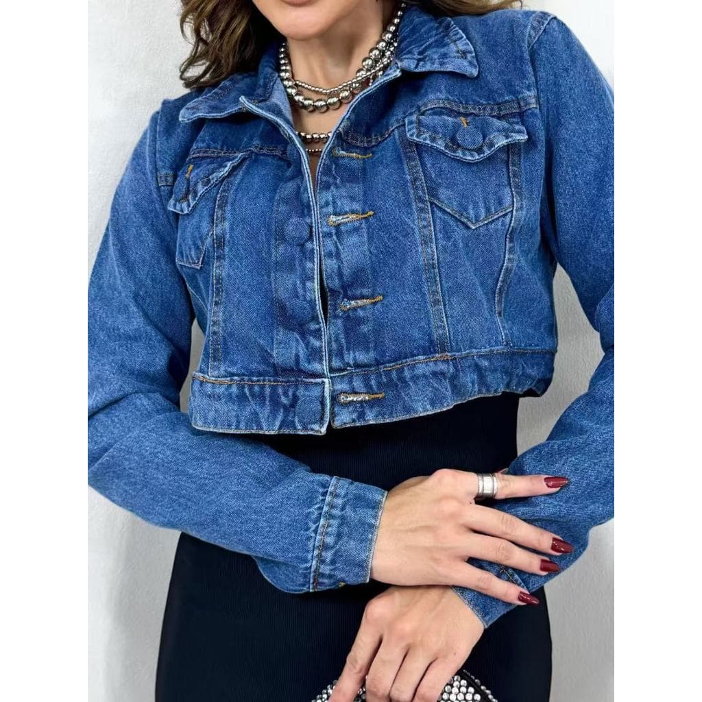 JZ JEANS Jaqueta Cropped Jeans Feminina lavagem marmorizada escura
