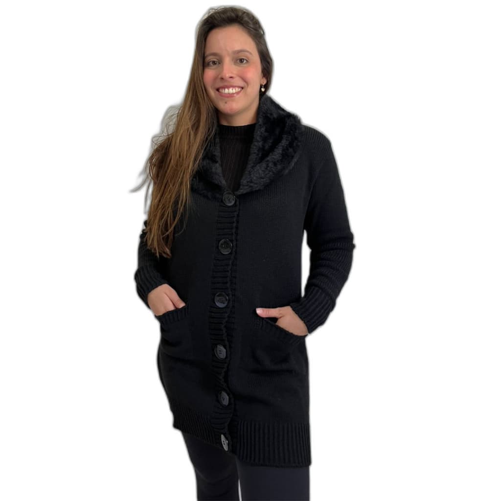 Casaco Sobretudo Feminino Gola De Pele Bolsos