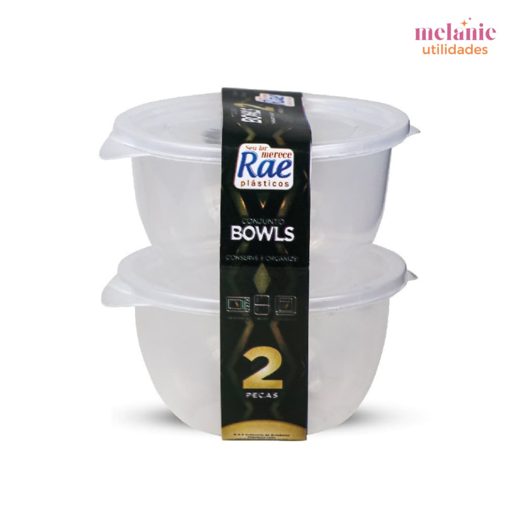 Kit 2 Bowls de 1 Litro de Plástico Premium Transparente com Tampa