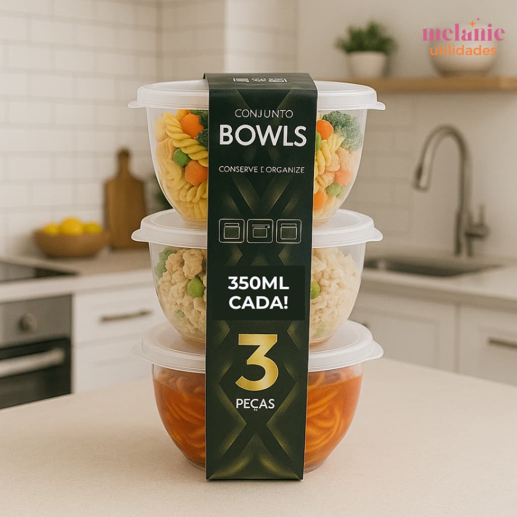 Kit 3 Bowls de 350ml de Plástico Premium Transparente com Tampa