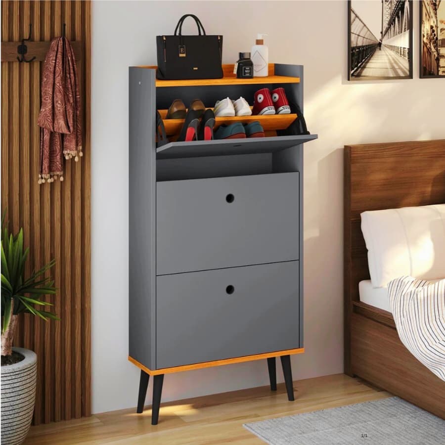 QUEIMA DE ESTOQUE! Sapateira Dark 3 Portas Estilo Retrô Hall Entrada com Pés Palito 18 Pares Armário Multiuso Quarto