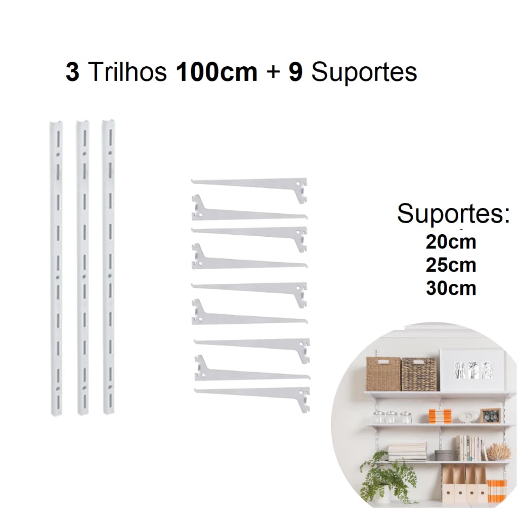 KIT 3 Peças Trilho Cremalheira 100cm 1m + 9 Peças Suportes p/ Prateleira 15cm até 30cm Estante