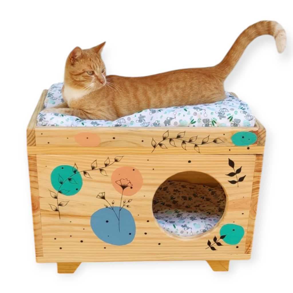 CASINHA CASA DE GATO CACHORRO COELHO DE MADEIRA COM PINTURA ORGÂNICA (PRODUTO MONTADO E ENVERNIZADO)