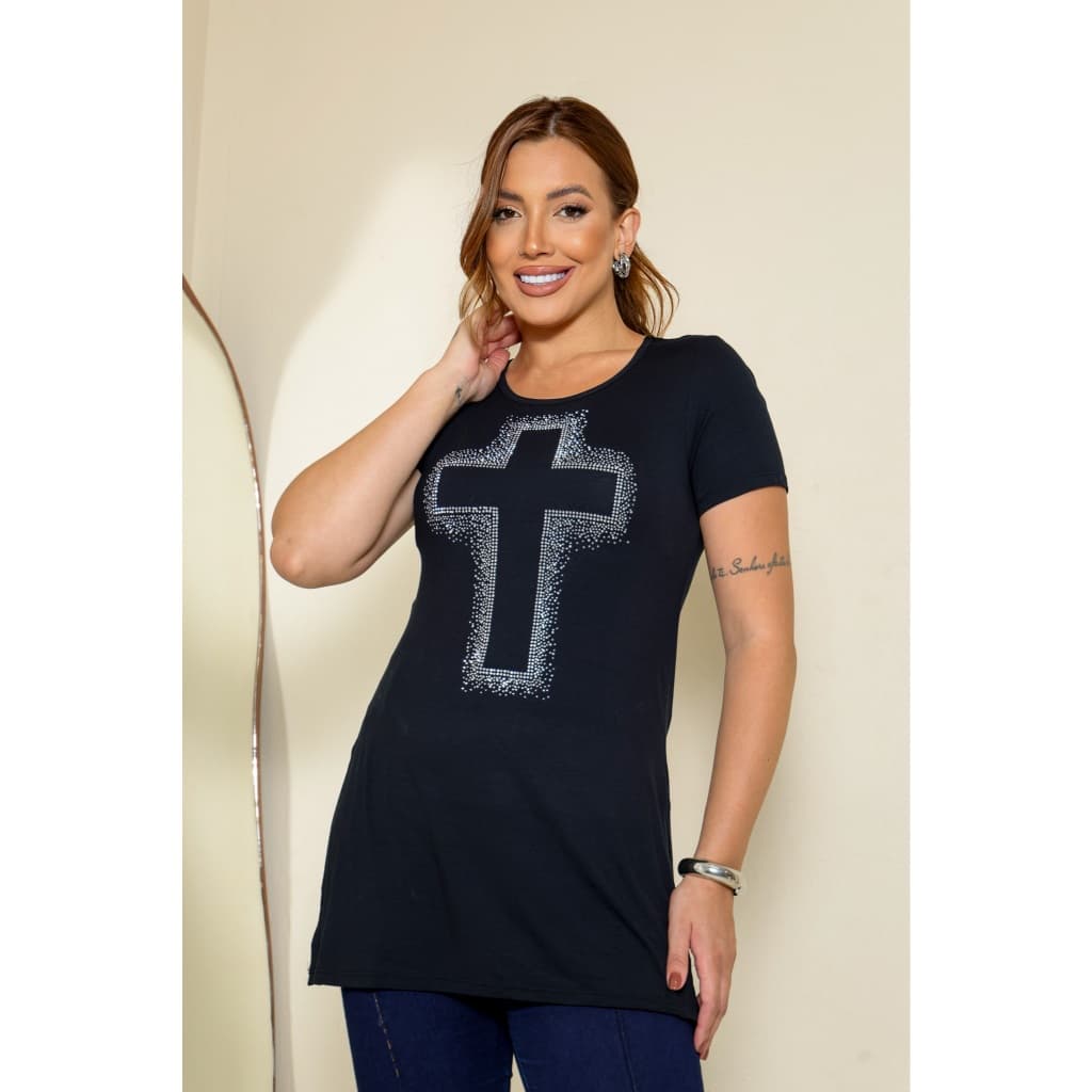 Blusa Feminina Veste Legging com Estampa de  Cruz em Strass