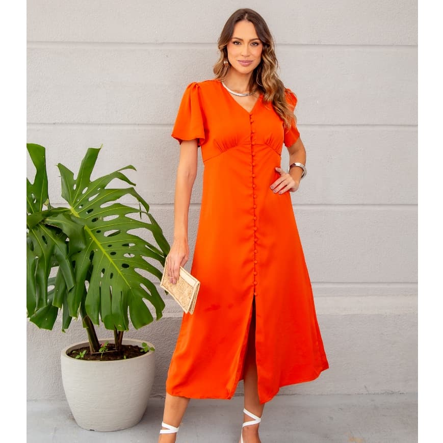 Vestido Feminino Midi Botões Liso com Fenda Frontal com Forro Elegante Fashion Moda Verão Blogueira