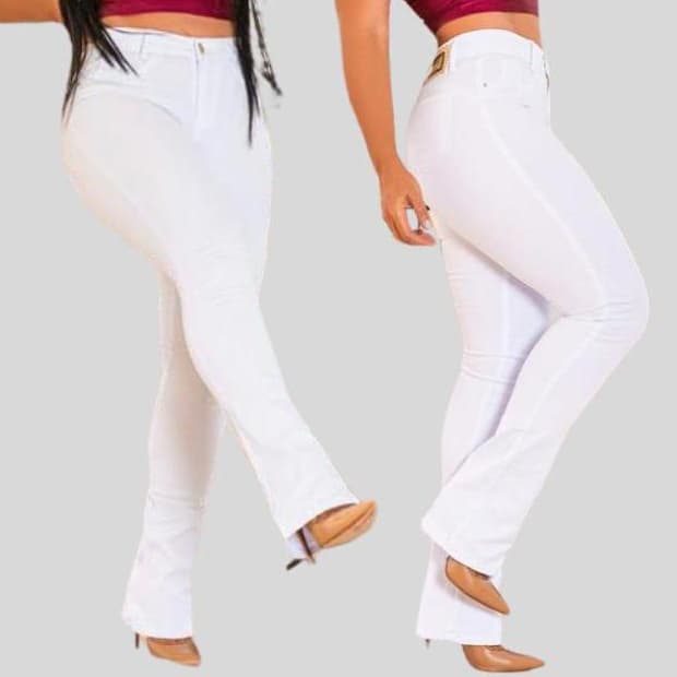 Calça Jeans Feminina  Branca Flare Cintura Alta Com Elastano