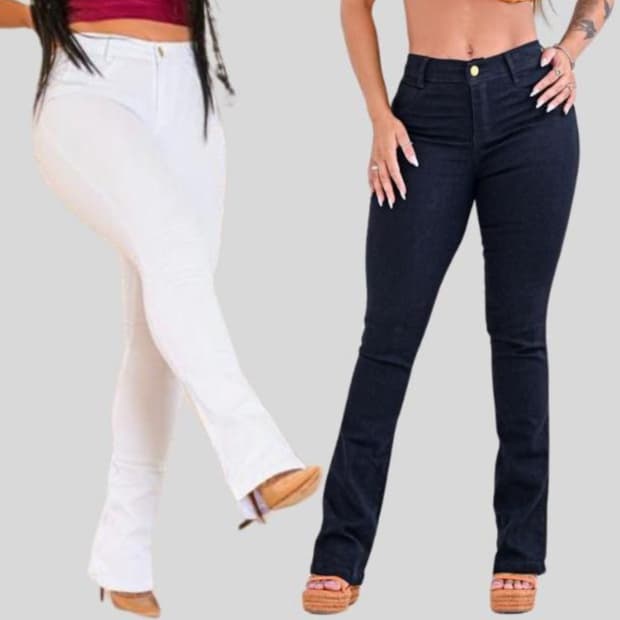 Kit Calça Jeans Flarer Branca e Preta Feminina Cintura Alta Com Elastano