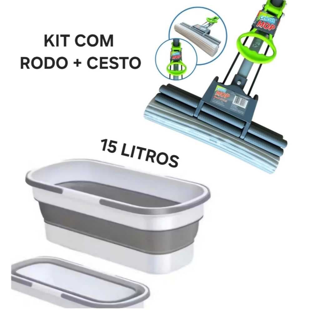 Kit Com  1 Rodo Mop Facil Esfregão  + 1  Cesto 15 Litros Limpeza Organização Praticidade